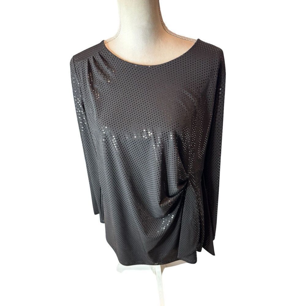 Clara Sun Woo Shiny Tunic Top Womens L Black Stretch Minimalist